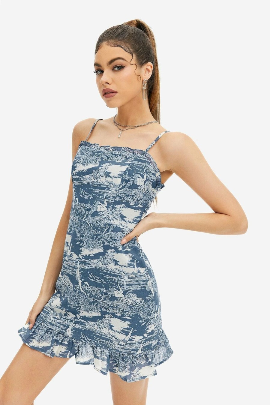 Clearance * Solado Abstract Print Ruffle Cami Mini Dress Steelblue