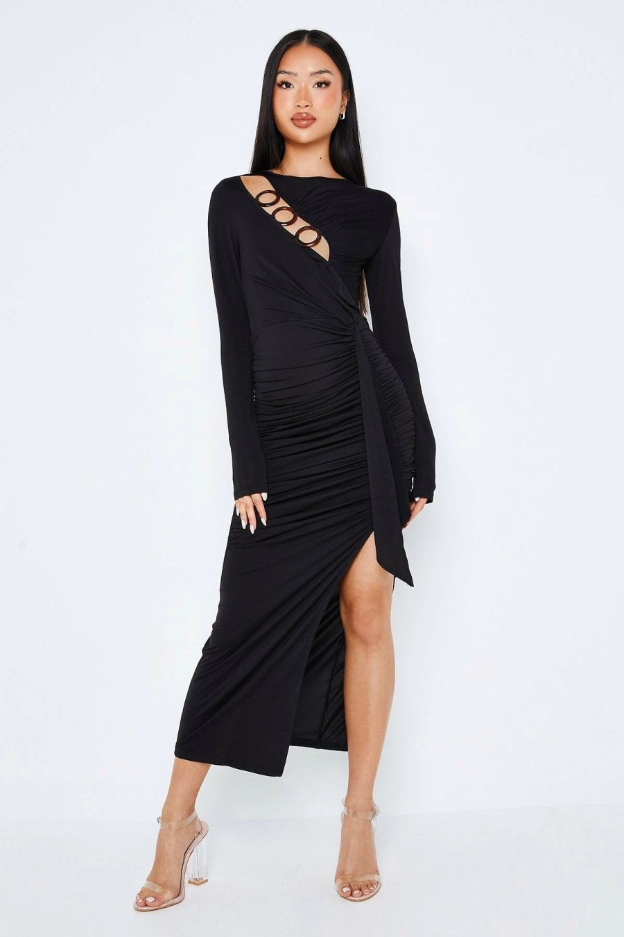 Clearance * Solado O-Ring Front Cut Out Split Hem Maxi Dress Black