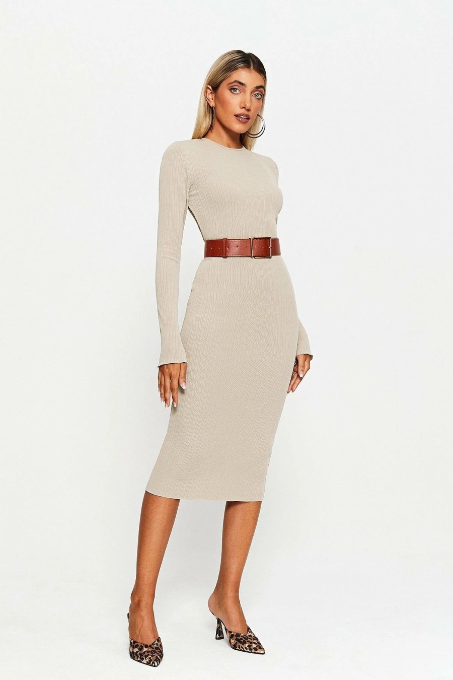 Hot * Solado Flared Sleeve Open Back Bodycon Midi Dress Without Belt Beige