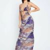 New * Solado Plunging Neck Abstract Print Open Back Maxi Dress Indigo