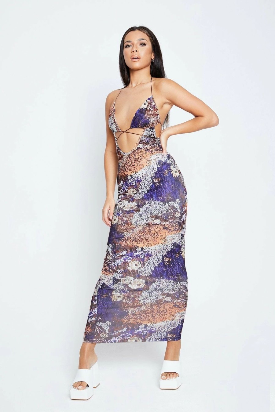 New * Solado Plunging Neck Abstract Print Open Back Maxi Dress Indigo