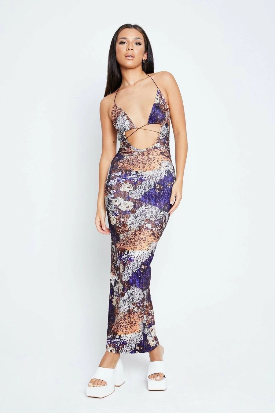 New * Solado Plunging Neck Abstract Print Open Back Maxi Dress Indigo