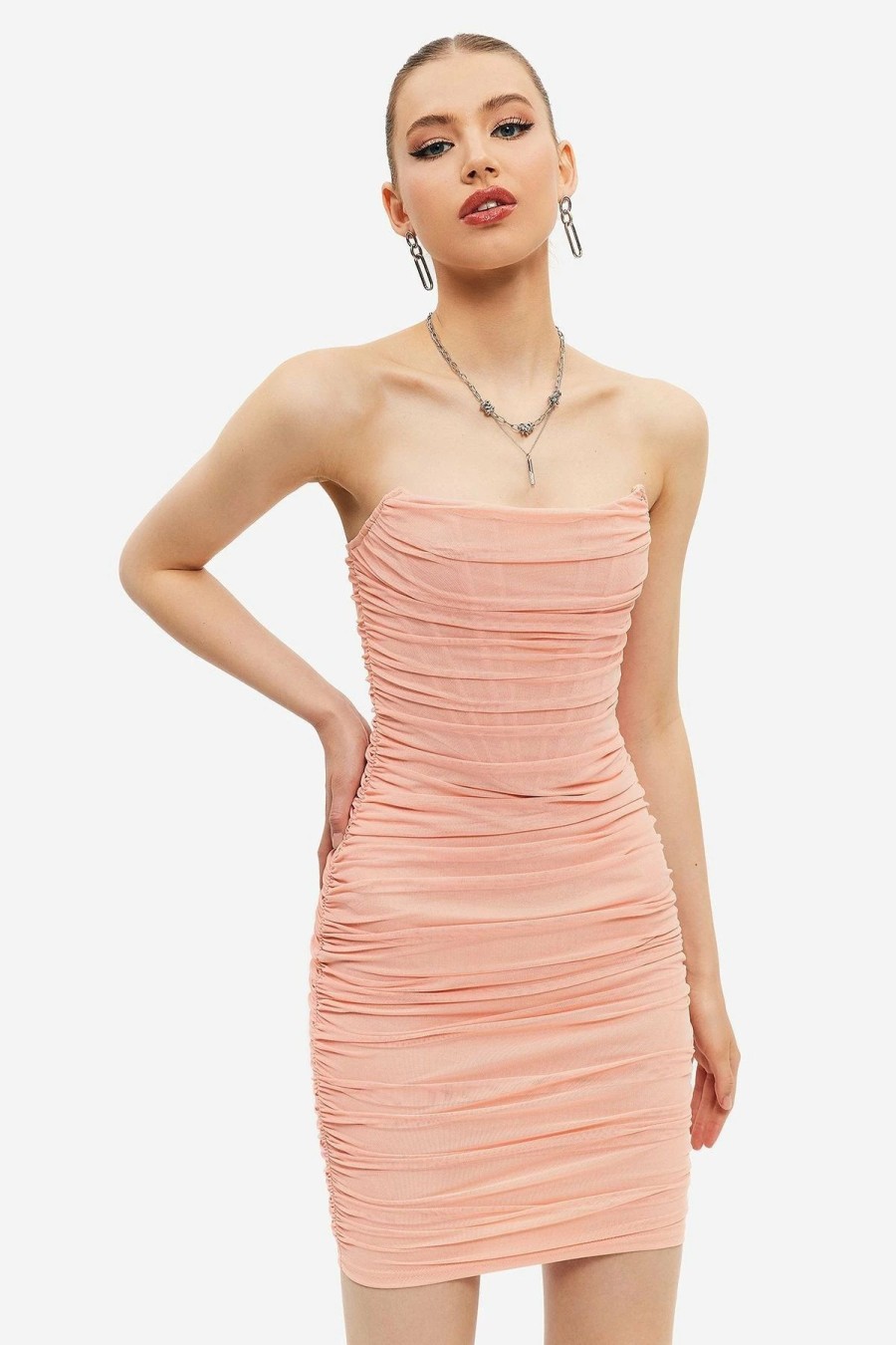 Best * Solado Off Shoulder Mesh Boning Tube Bodycon Dress Pink