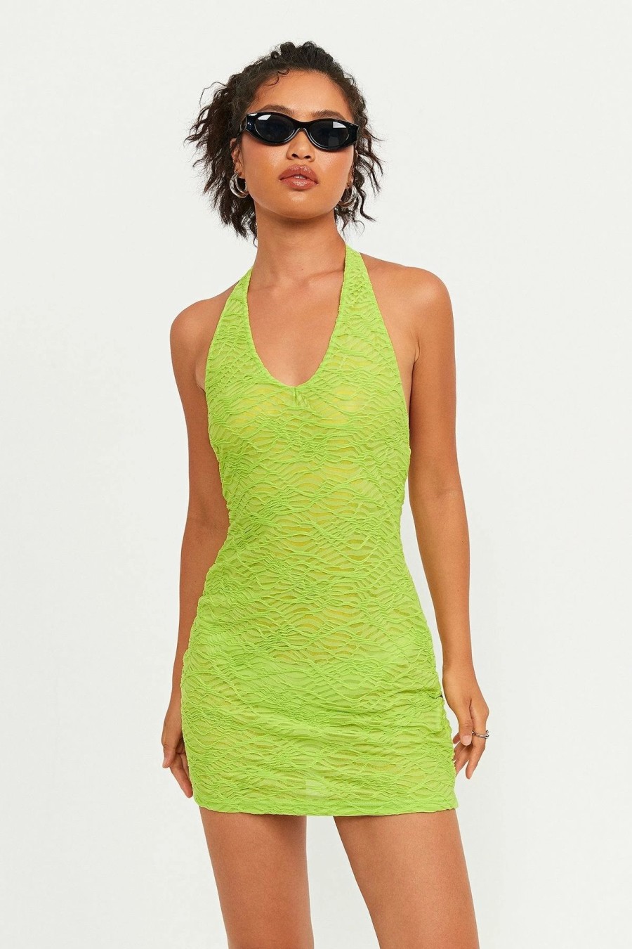 Clearance * Solado Halter Neck Jacquard Backless Bodycon Mini Dress Yellowgreen