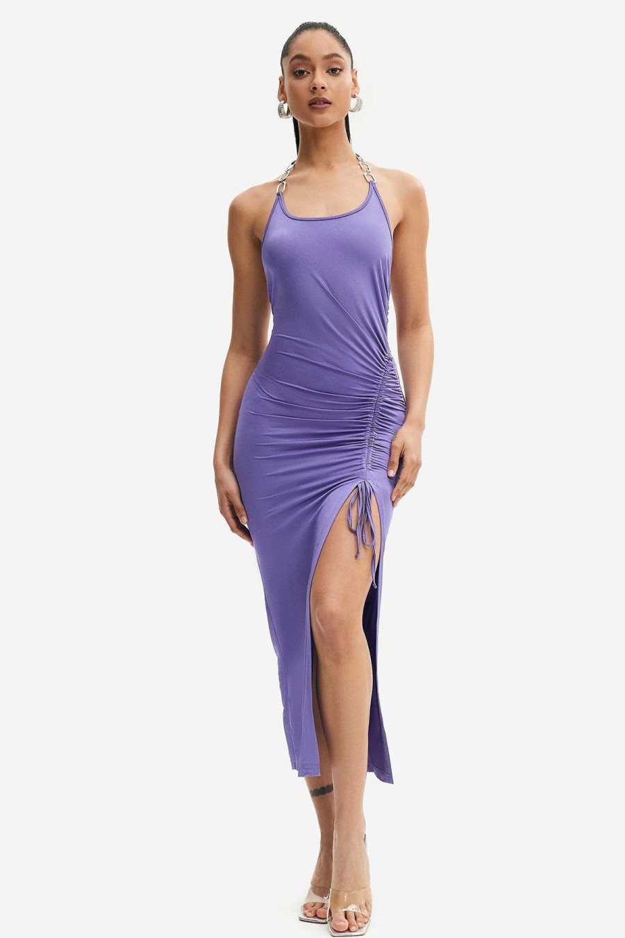 Hot * Solado Halter Neck Backless Split Hem Midi Dress Purple