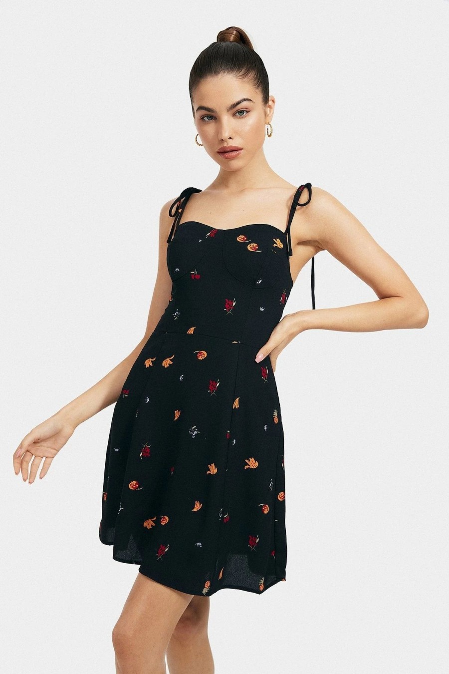 Best * Solado Fruit Print Tie Shoulder Backless Mini Dress Black