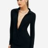 Online * Solado Plunging Neck Long Sleeve Bodycon Mini Dress Black