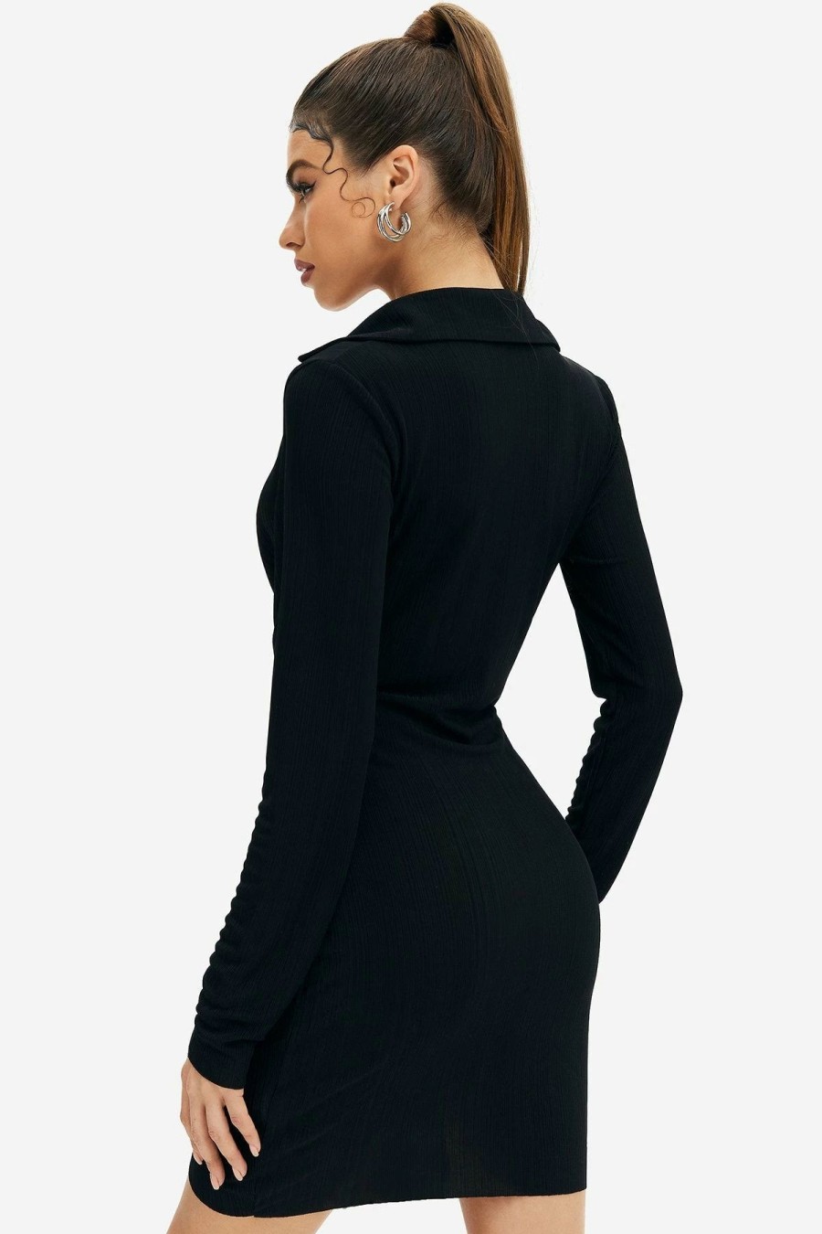 Online * Solado Plunging Neck Long Sleeve Bodycon Mini Dress Black