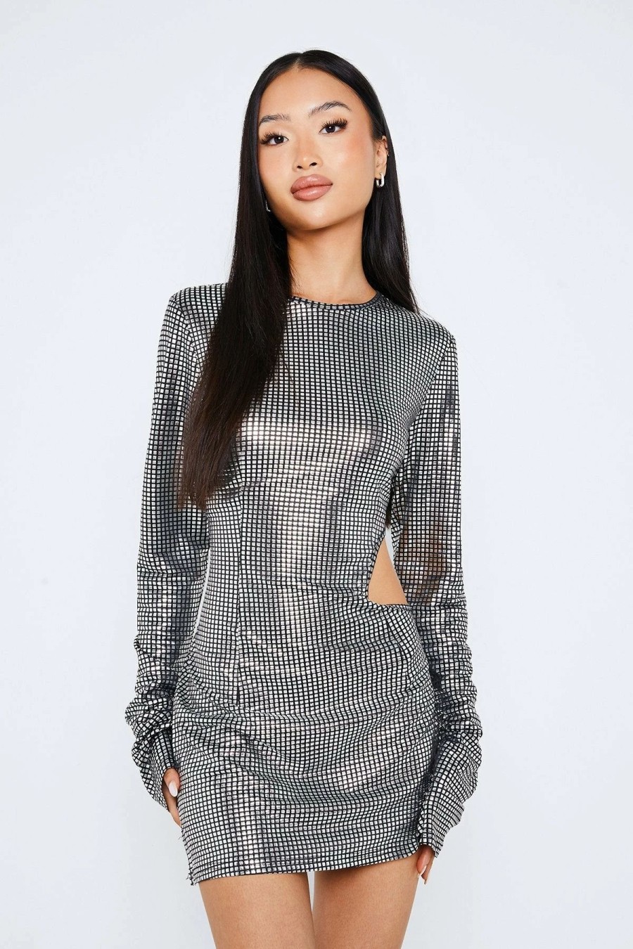 Online * Solado Cut Out Split Hem Long Sleeve Sheen Mini Dress Silver