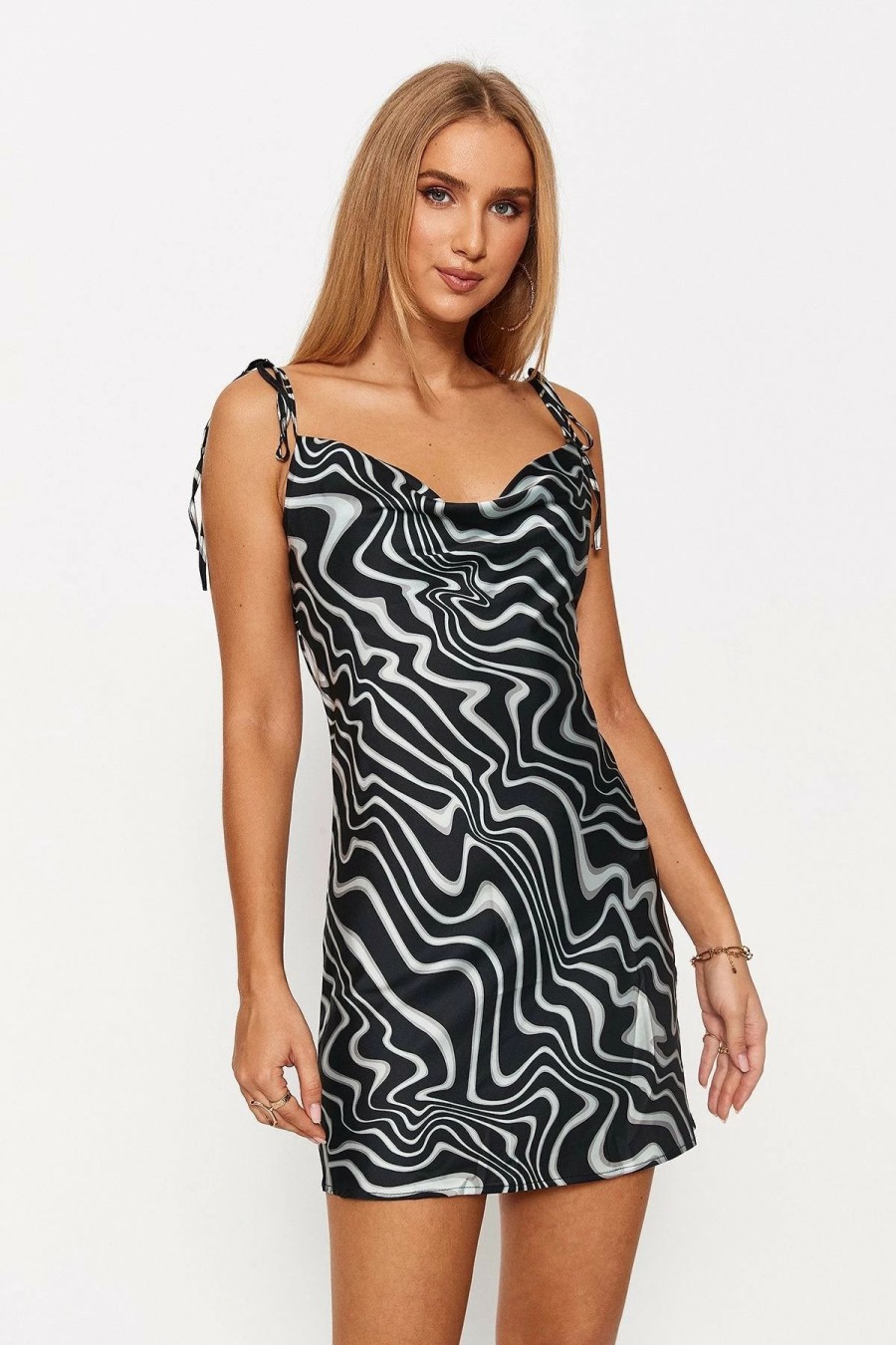 Best * Solado Cowl Neck Zebra Print Tie Strap Drape Mini Dress Black