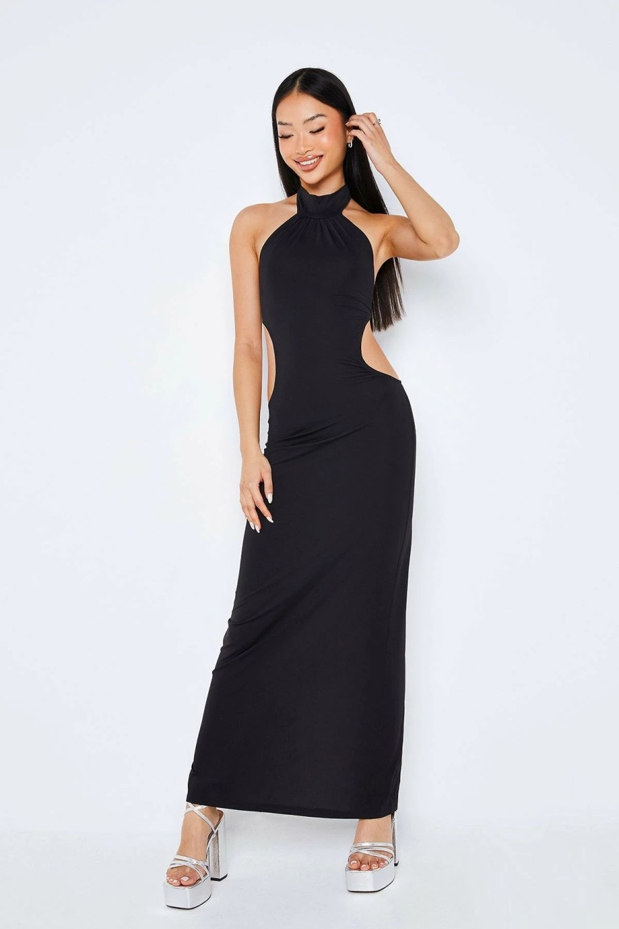 Online * Solado Mock Neck Cut Out Split Hem Open Back Maxi Dress Black