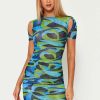 Online * Solado Abstract Print Cut Out Short Sleeve Mini Dress Green