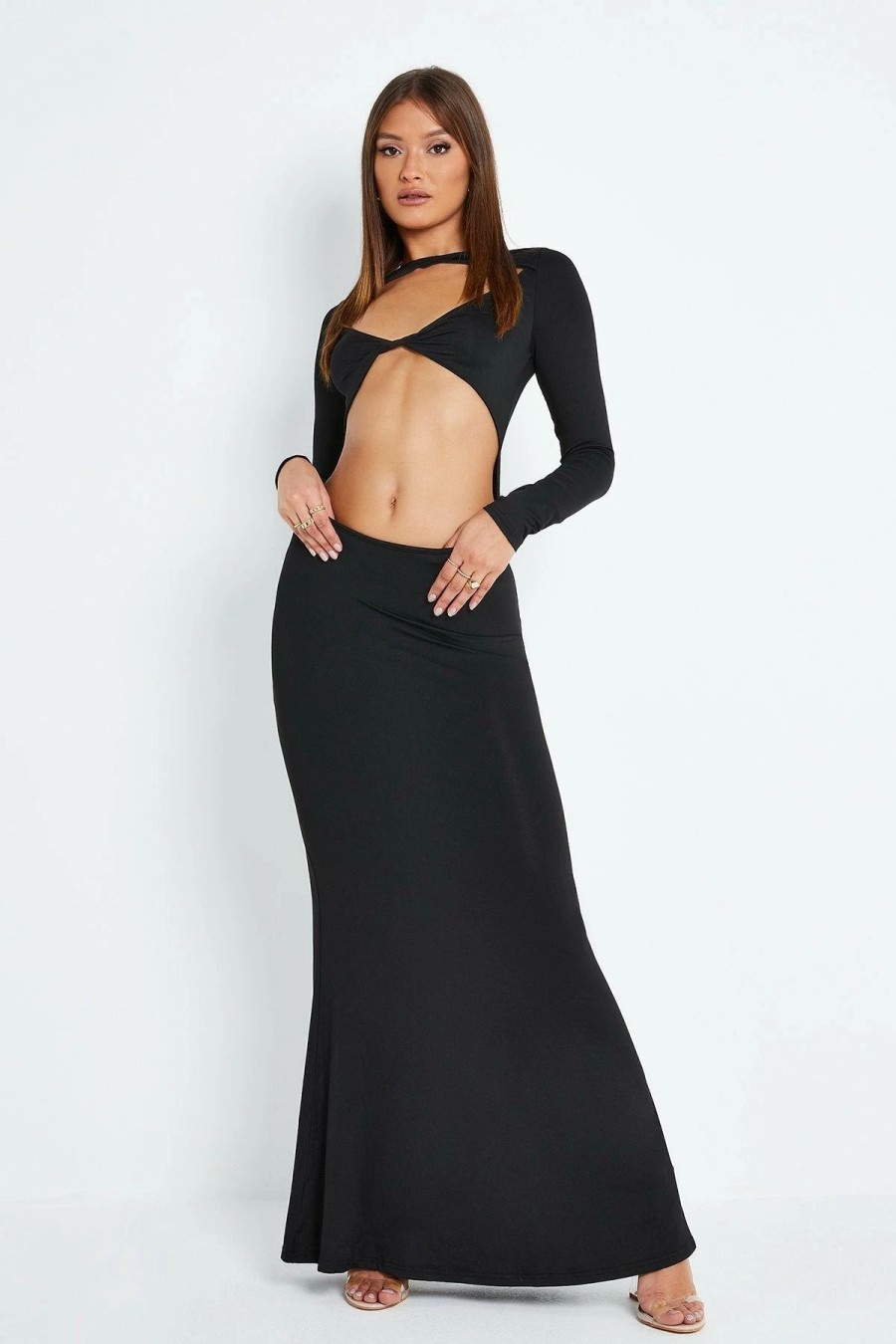 Best * Solado Plunging Neck Cut Out Long Sleeve Maxi Dress Black