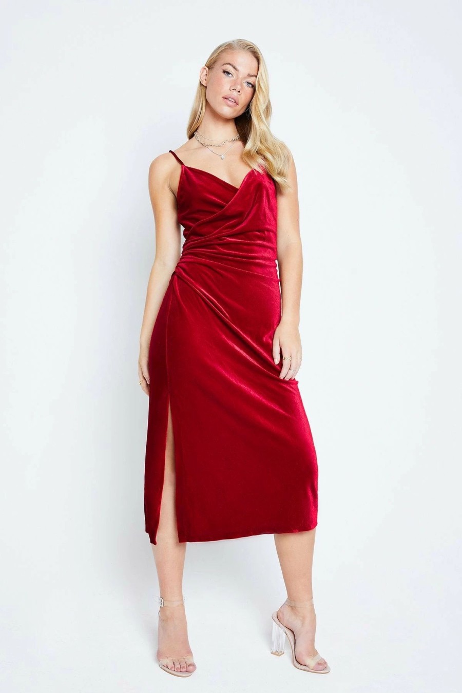 Hot * Solado Plunging Neck Ruched Split Hem Velvet Midi Dress Red