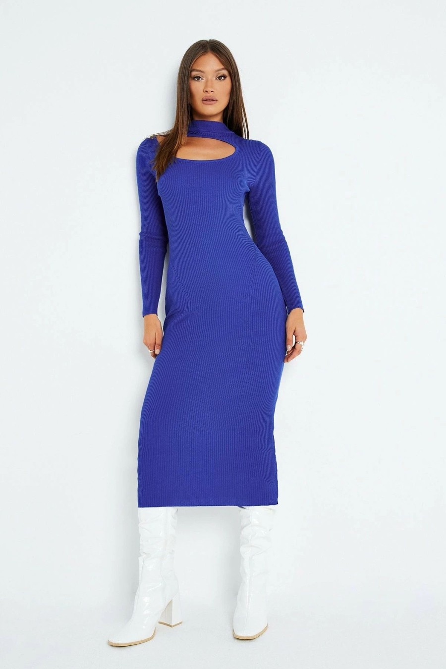 Best * Solado Ribbed Knit Cut Out Long Sleeve Sweater Dress Mediumblue