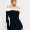 Hot * Solado Off Shoulder Colorblock Trim Split Cuff Mini Dress Black