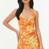 Clearance * Solado Floral Print Plunging Neck Backless Mini Dress Orange