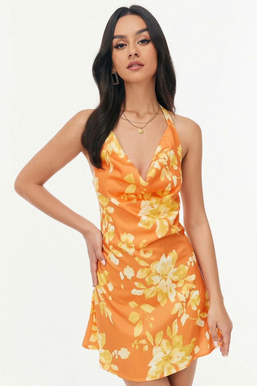 Clearance * Solado Floral Print Plunging Neck Backless Mini Dress Orange