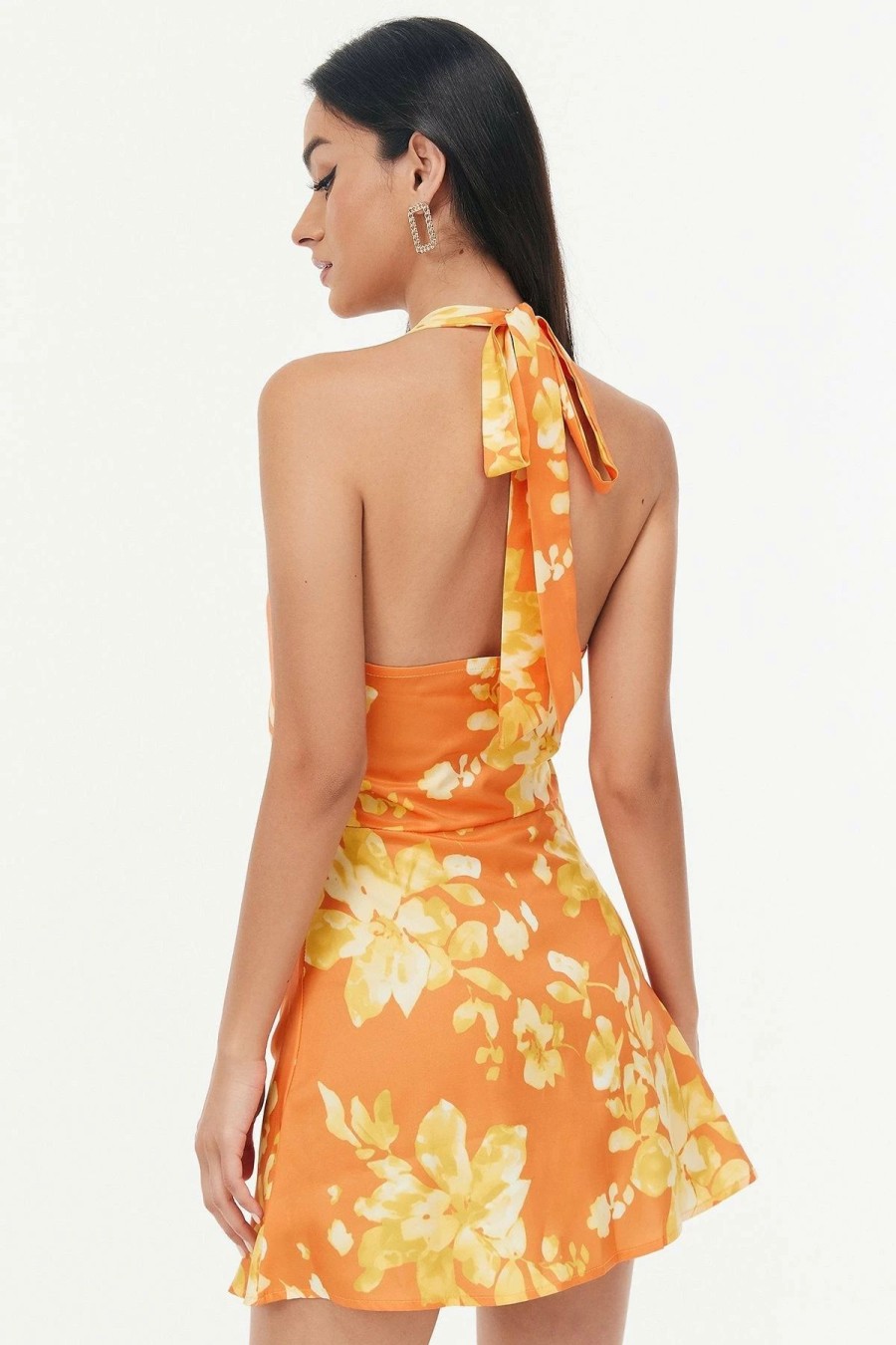 Clearance * Solado Floral Print Plunging Neck Backless Mini Dress Orange