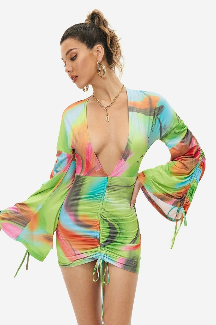 Best * Solado Abstract Print Plunge Neck Drawstring Ruched Mini Dress Greenyellow