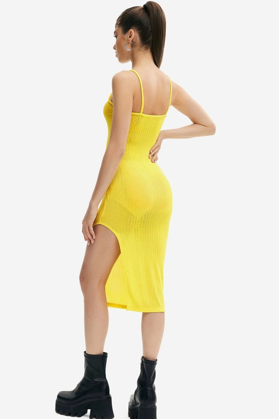 Wholesale * Solado Plunging Neck Split Hem Midi Dress Yellow