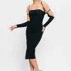 Wholesale * Solado Cold Shoulder Thumb Hole Cinched Waist Midi Dress Black