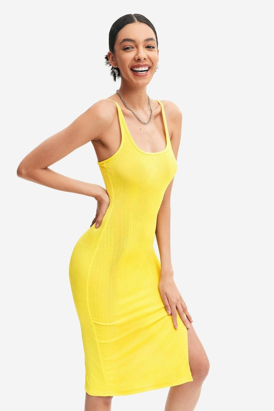 Hot * Solado Solid Split Leg Midi Dress Yellow