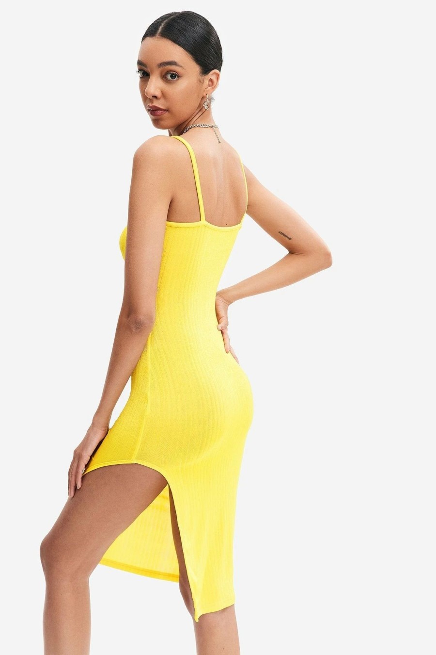 Hot * Solado Solid Split Leg Midi Dress Yellow