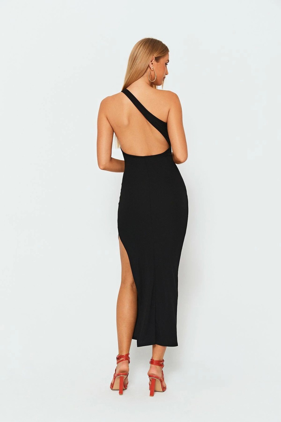 Clearance * Solado One Shoulder Open Back Split Hem Midi Dress Black