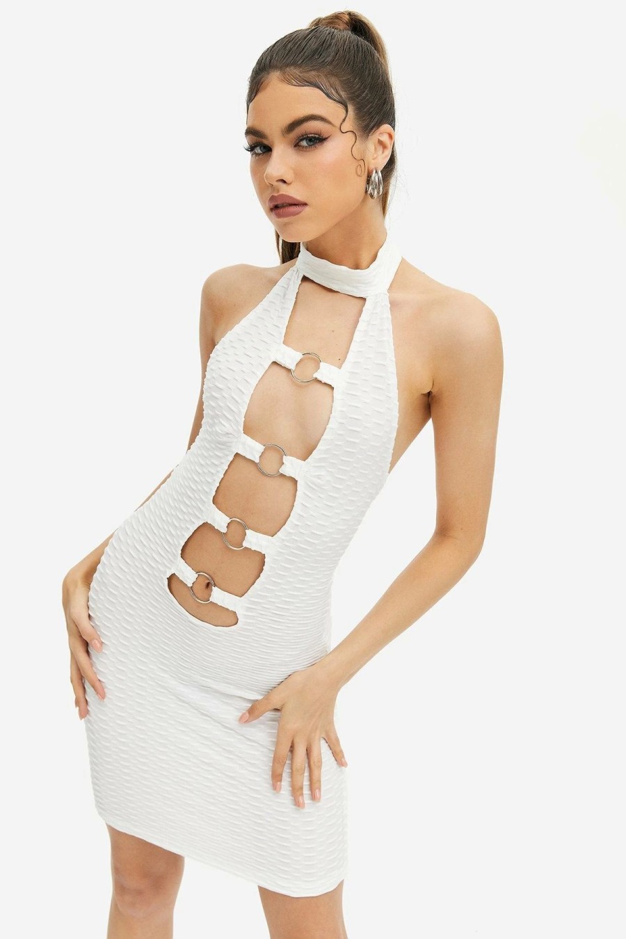 Best * Solado Texture Cut Out O-Ring Front Backless Mini Dress White