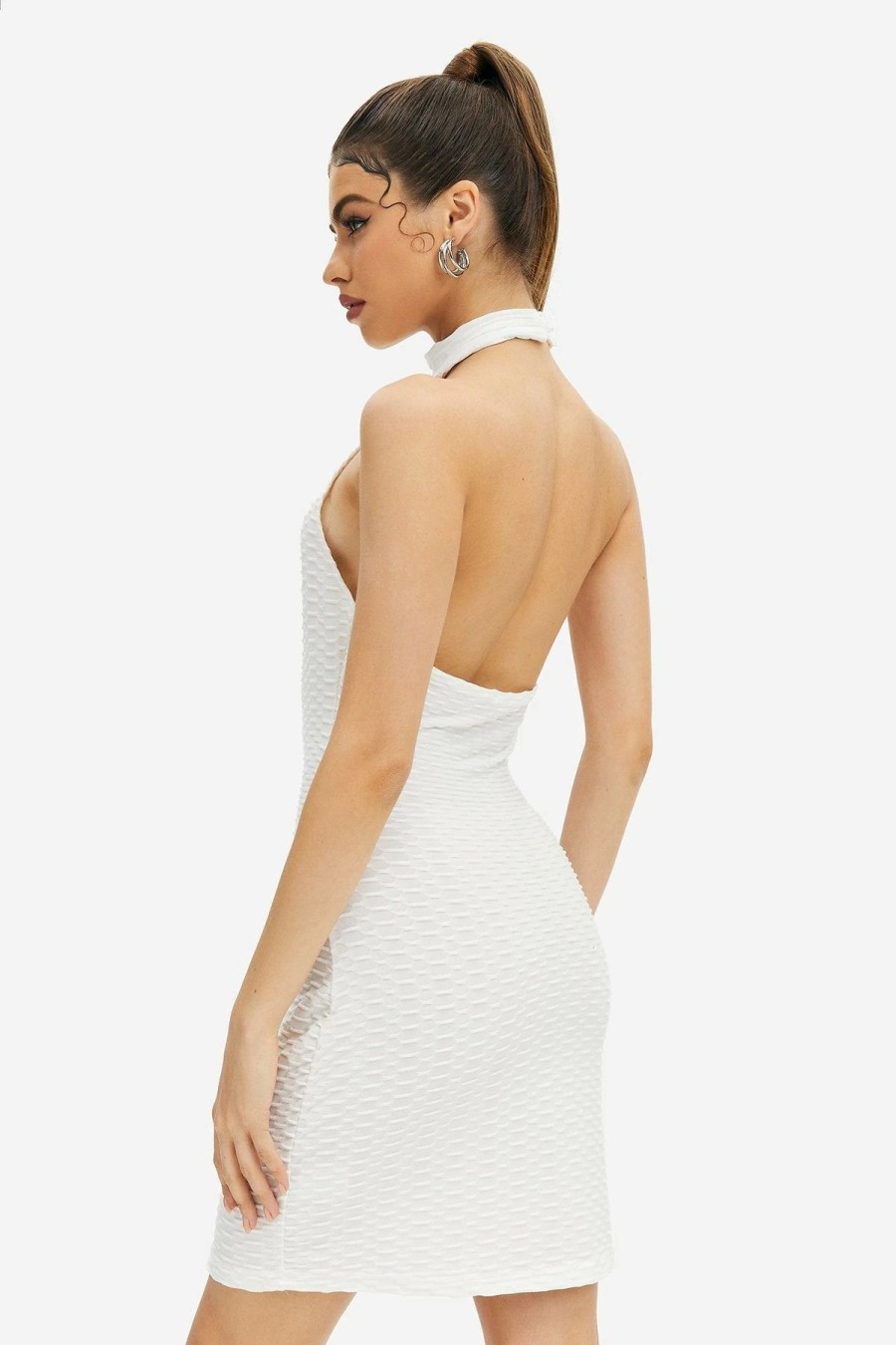 Best * Solado Texture Cut Out O-Ring Front Backless Mini Dress White