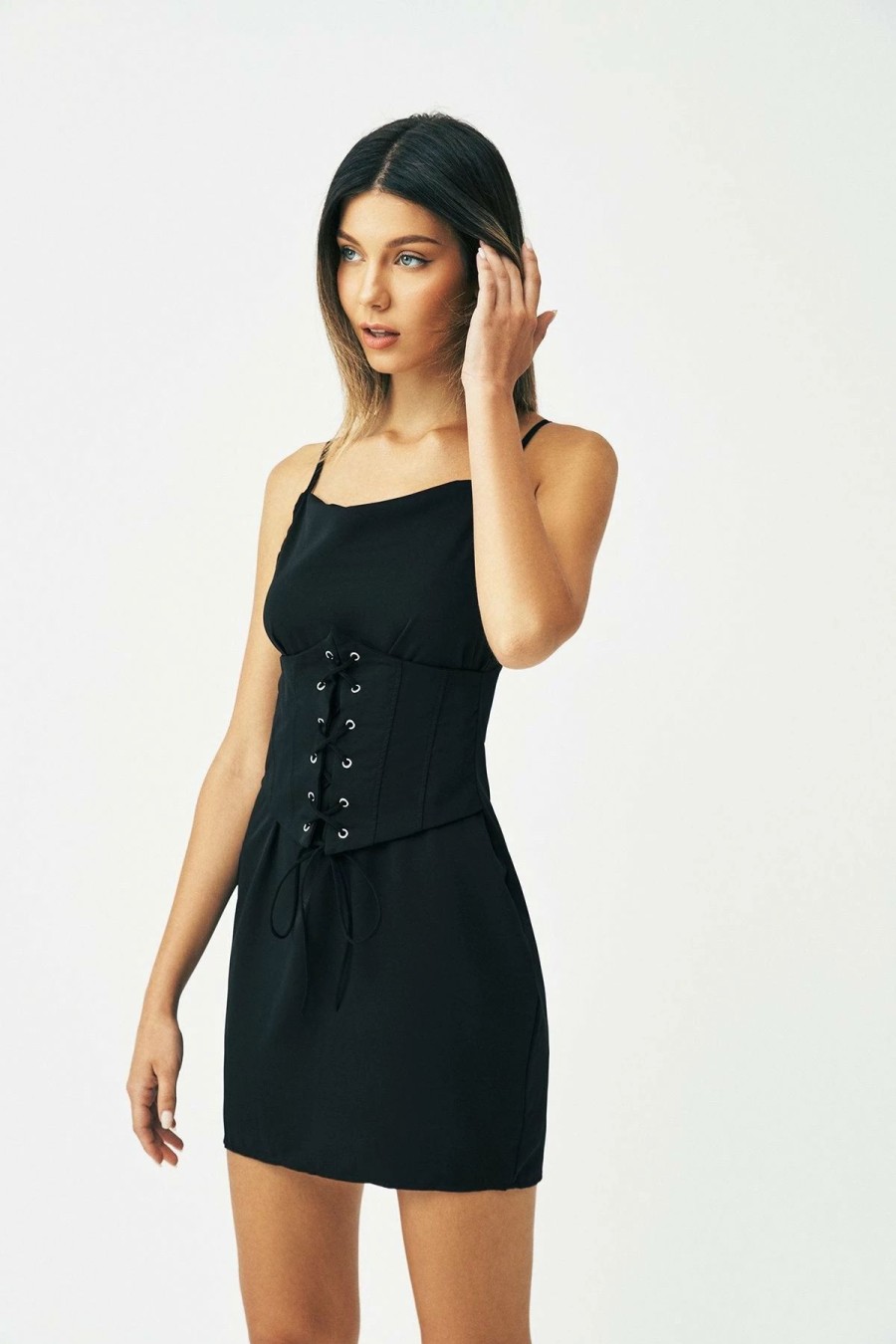 Online * Solado Lace Up Backless Solid Cami Mini Dress Black