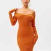 Online * Solado Off Shoulder Ribbed Knit Long Sleeve Sweater Dress Orange