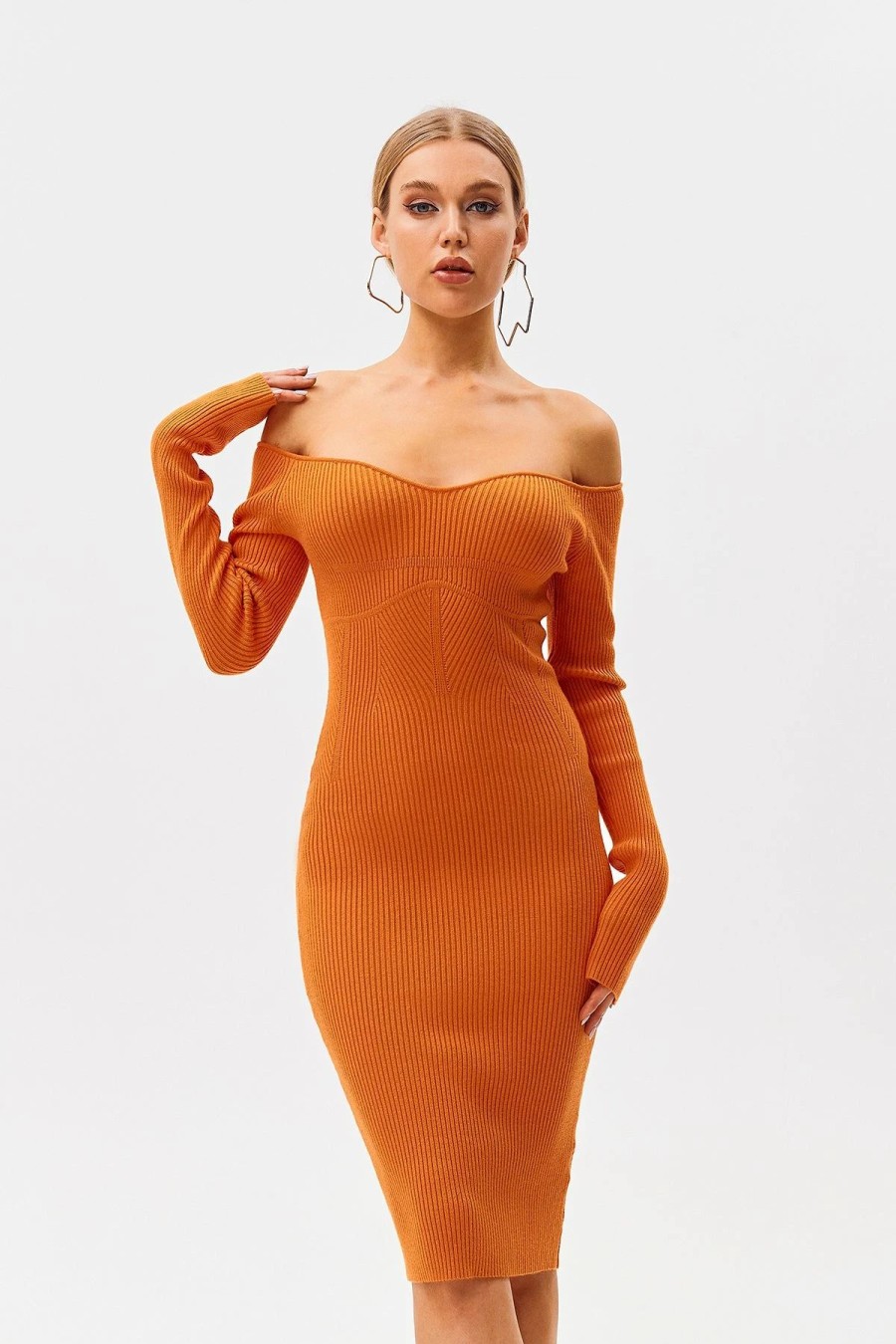 Online * Solado Off Shoulder Ribbed Knit Long Sleeve Sweater Dress Orange