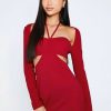 Clearance * Solado 2 In 1 Halter Neck Cut Out Long Sleeve Mini Dress Firebrick