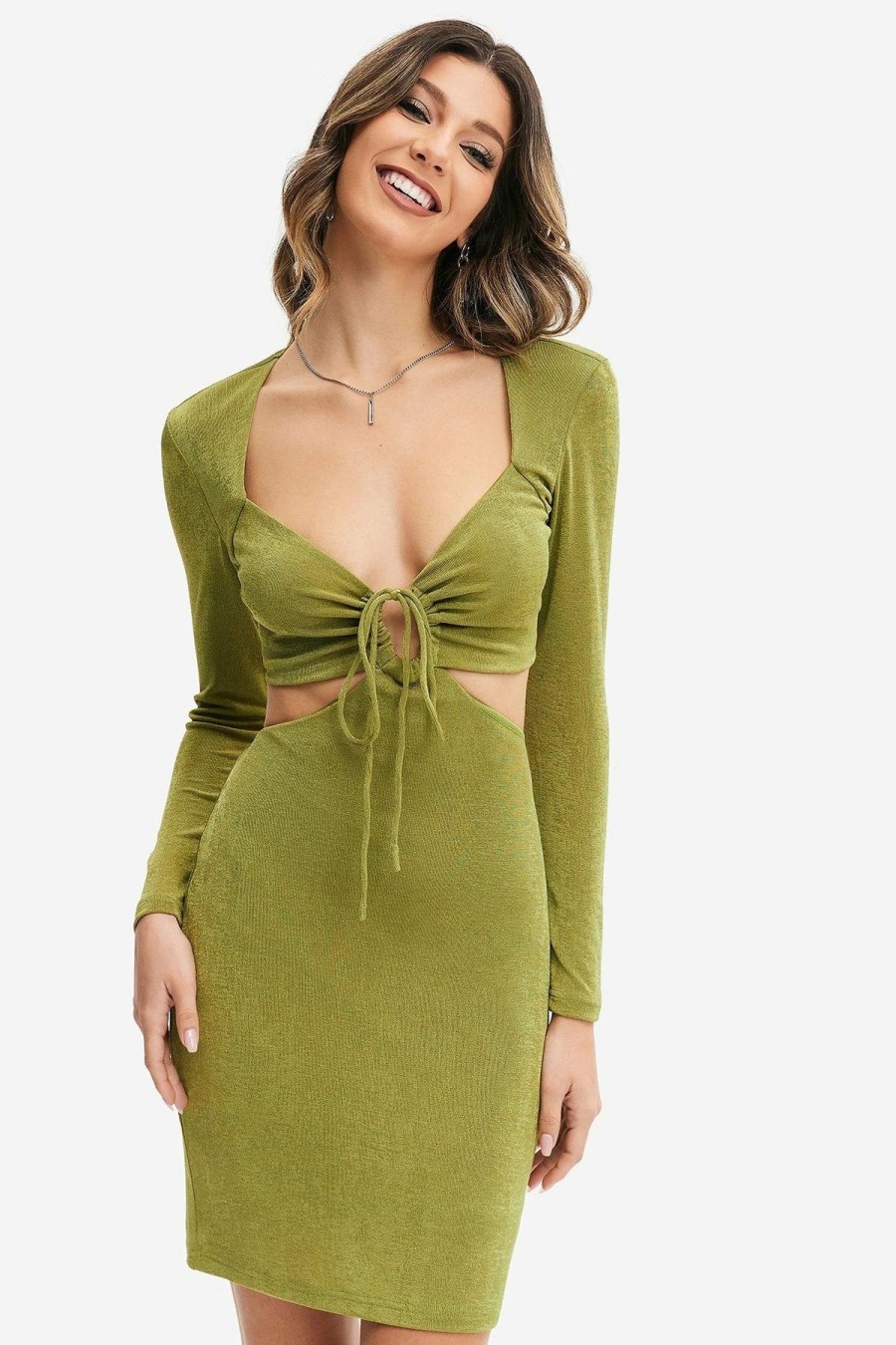 Wholesale * Solado Plunging Neck Cut Out Tie Front Mini Dress Yellowgreen