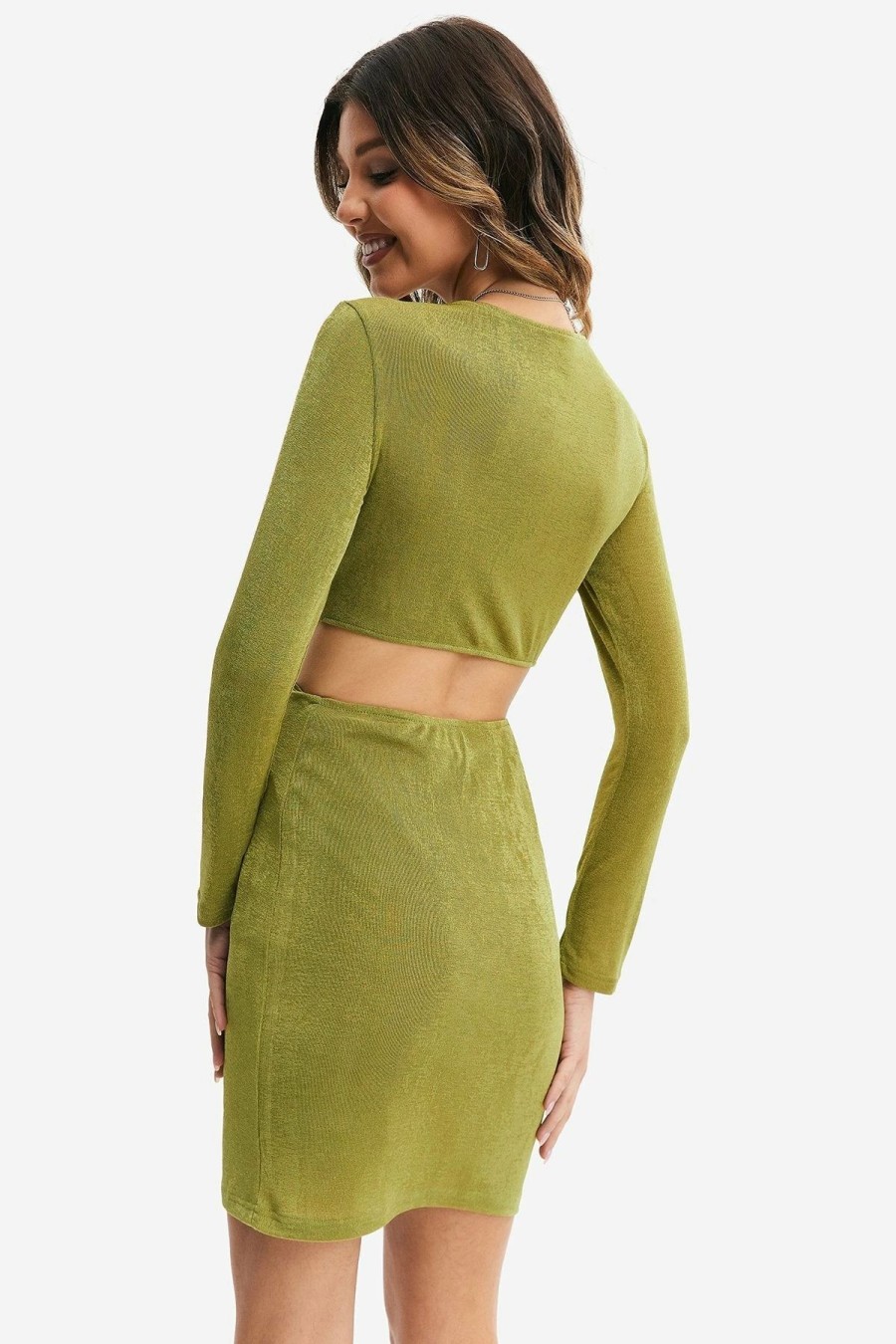 Wholesale * Solado Plunging Neck Cut Out Tie Front Mini Dress Yellowgreen