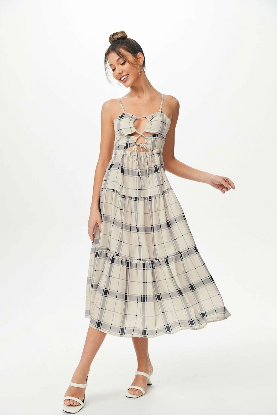 Clearance * Solado Lace Up Plaid Print Maxi Dress Beige