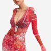 Clearance * Solado Paisley Print Mesh Plunging Neck Mini Dress Red