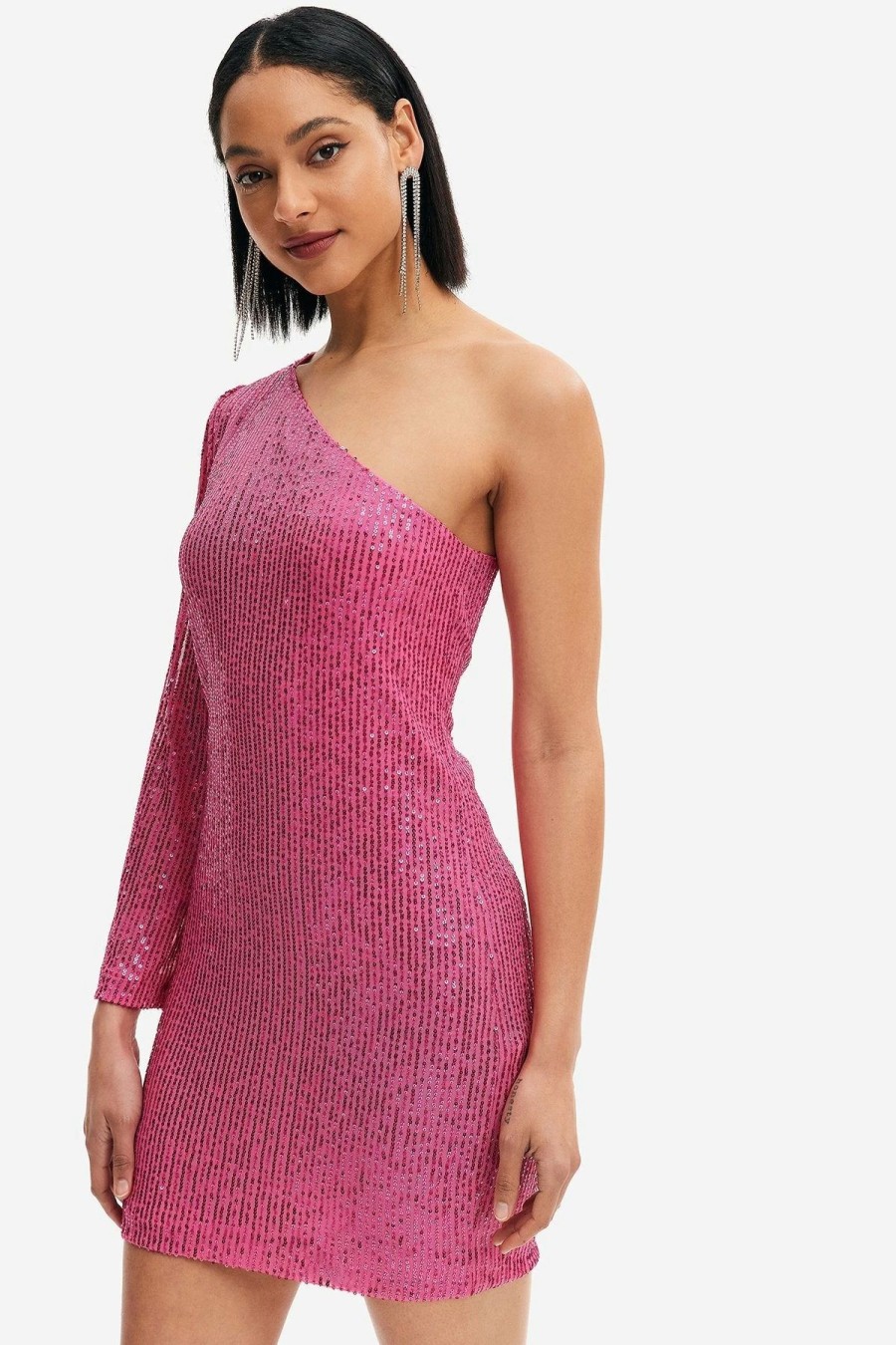 Wholesale * Solado Sequin One Shoulder Mini Dress Deeppink