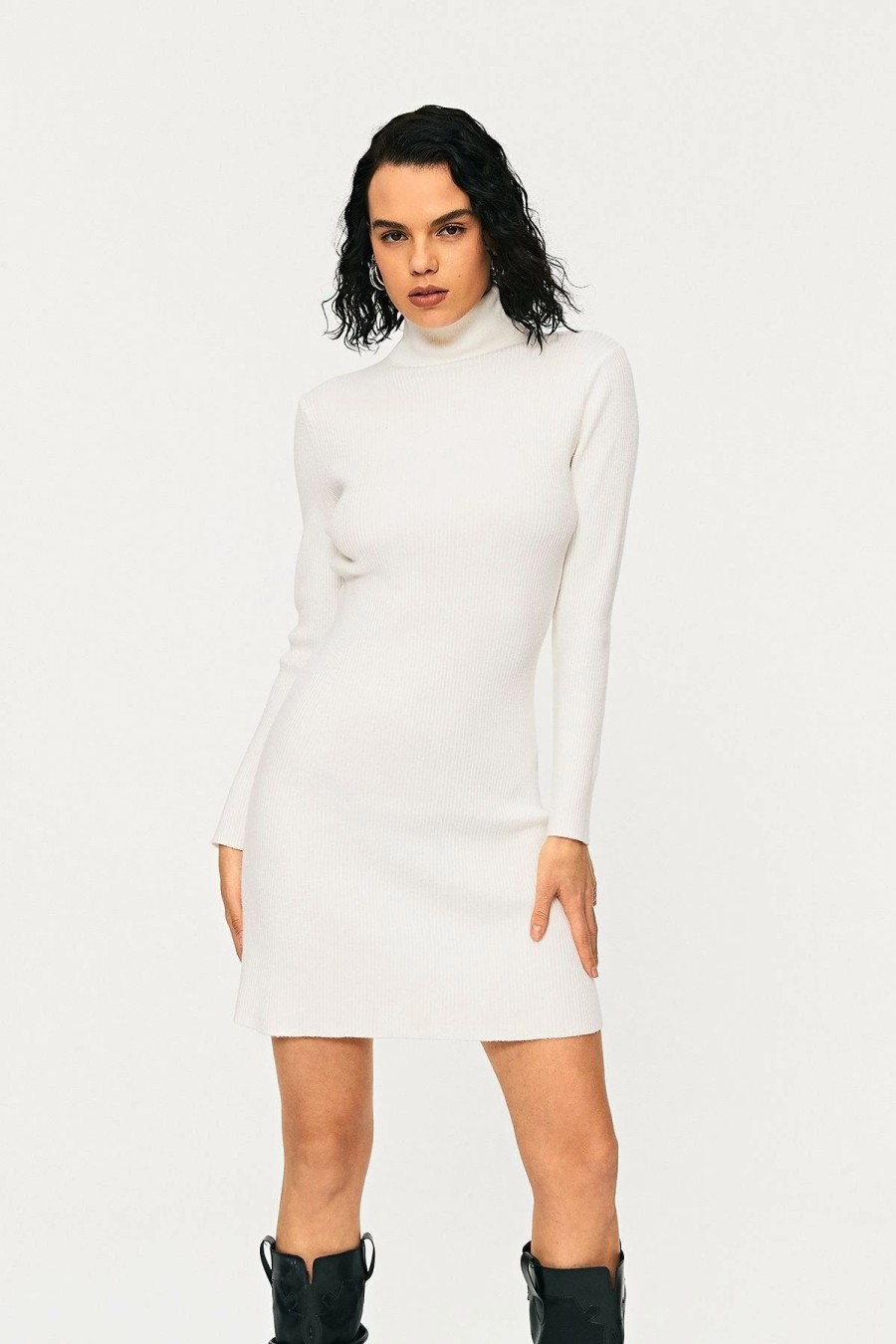 New * Solado High Neck Ribbed Knit Long Sleeve Sweater Dress White