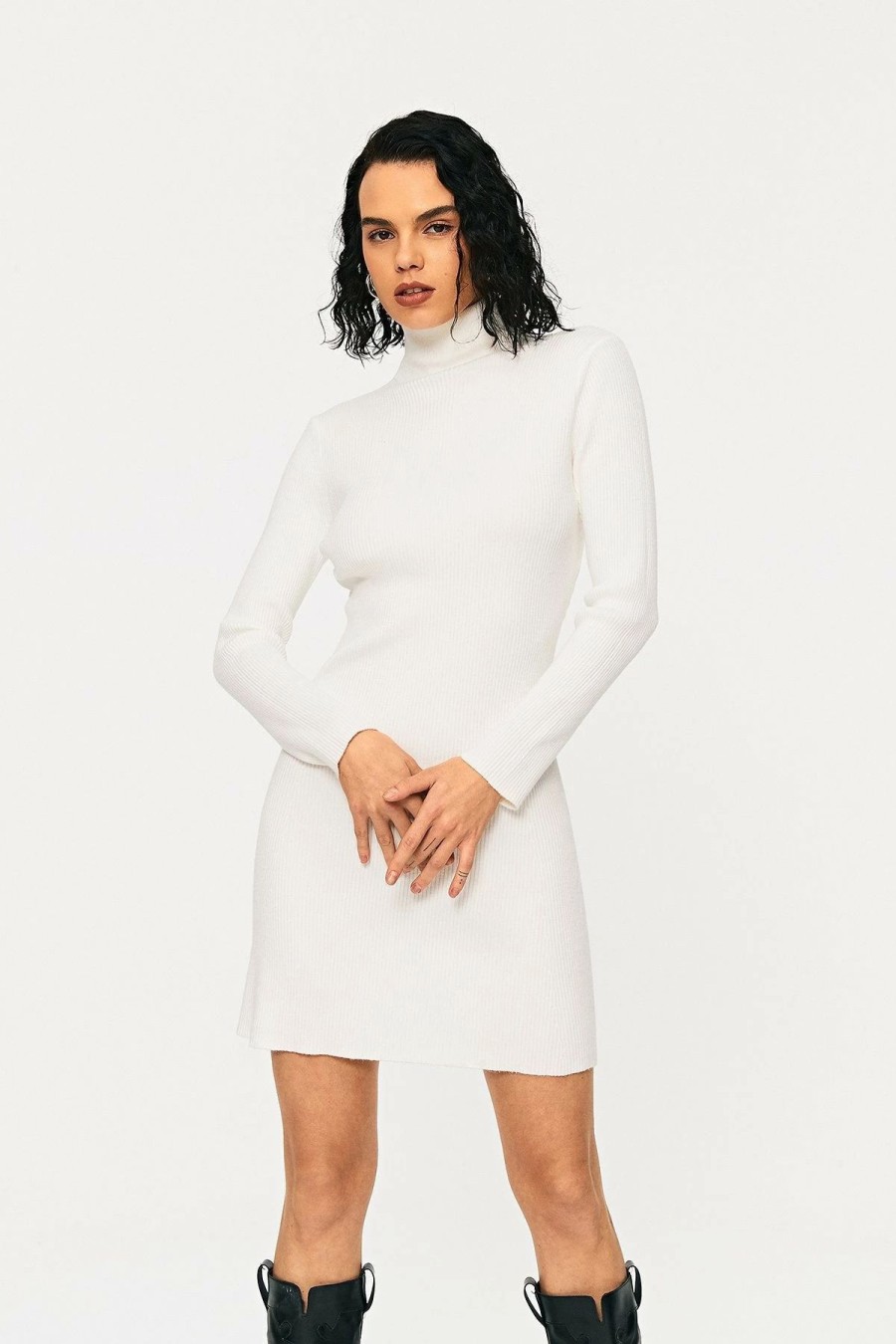 New * Solado High Neck Ribbed Knit Long Sleeve Sweater Dress White