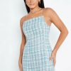 New * Solado Check Print Chain Strap A-Line Mini Dress Lightblue