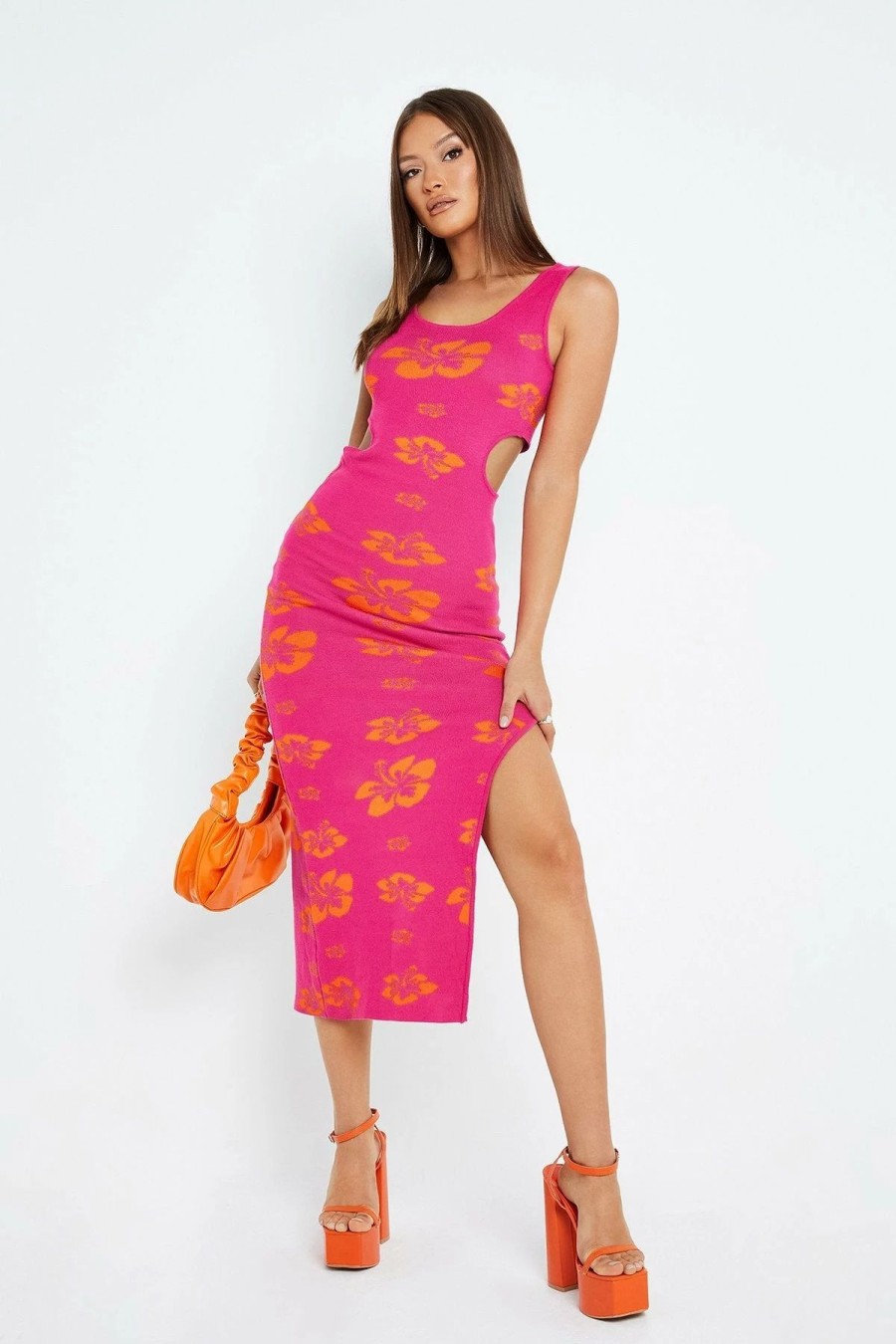 Hot * Solado Floral Print Cut Out Split Hem Knitted Midi Dress Deeppink