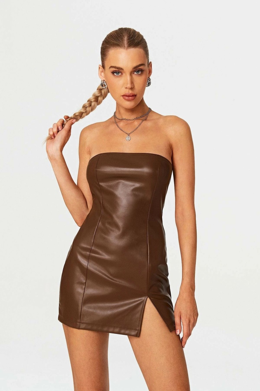 Clearance * Solado Off Shoulder Split Hem Pu Leather Mini Dress Brown