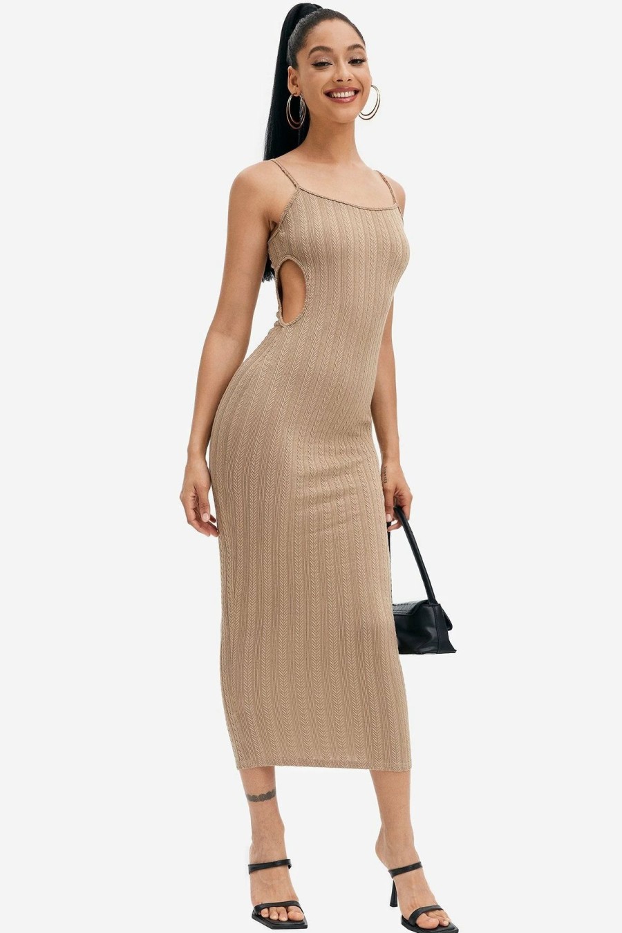 Clearance * Solado Cut Out Twist Knitted Bodycon Maxi Dress Tan