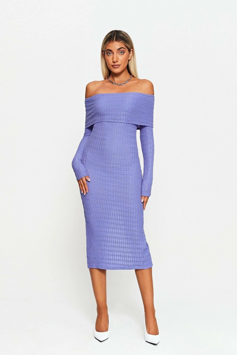 Best * Solado Off Shoulder Check Textured Split Hem Midi Dress Orchid