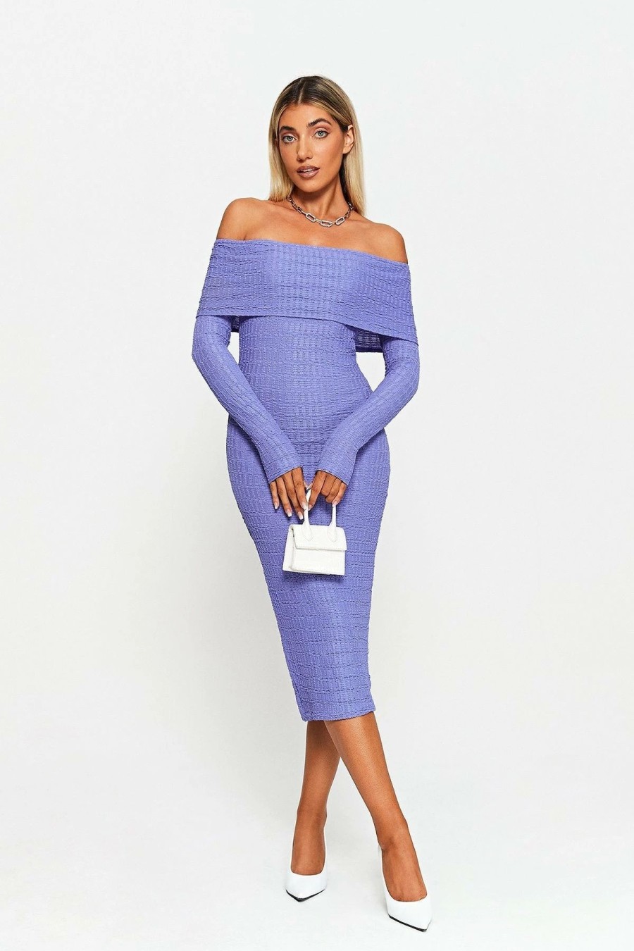 Best * Solado Off Shoulder Check Textured Split Hem Midi Dress Orchid