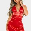 Online * Solado Satin Plunging Neck Sleeveless A-Line Mini Dress Red