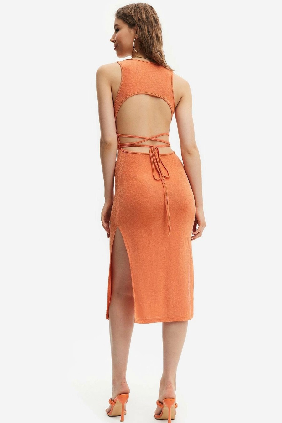 Online * Solado Tie Backless Split Hem Sleeveless Midi Dress Orange